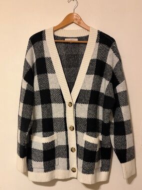 LOFT Black and Cream Buffalo Check Cardigan